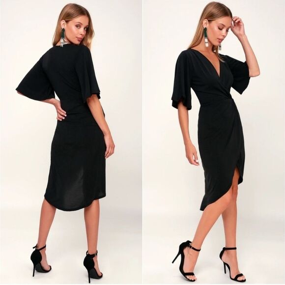 Lulu's Dulcet Washed Black Surplice V Neck High Low Midi Dress Women’s Size XS - Picture 1 of 6